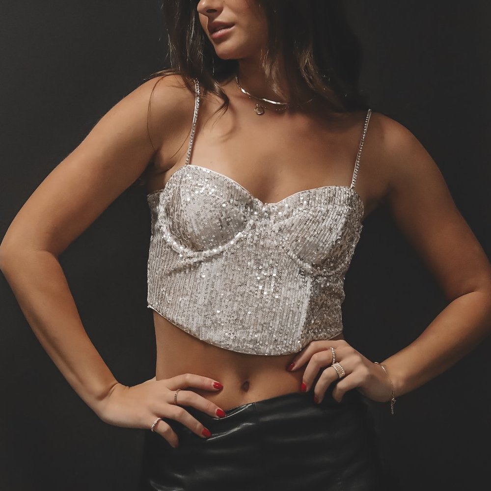 For Love And Lemons Silver Sequin Crop Top
